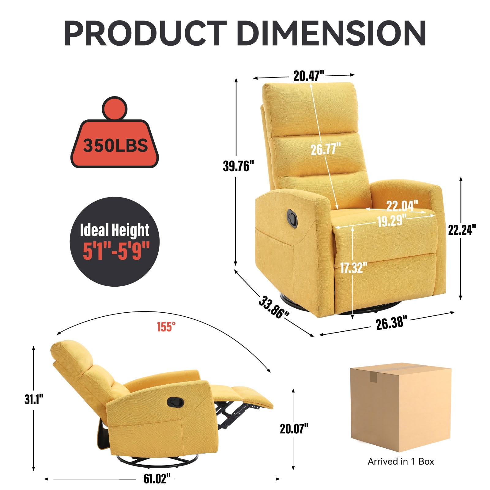 MAYEERTY 360 Degree Swivel Rocker Recliner Chair, Manual 155° Recline Glider Armchair, for Living Room Nursery Bedroom