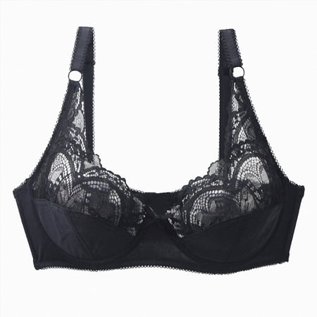 COMVALUE Minimizer Bras for Women Sheer Unlined Gathering Push up Bra Adjustable Strap No Wire Underwear Lace Bralette (Black, 85B)