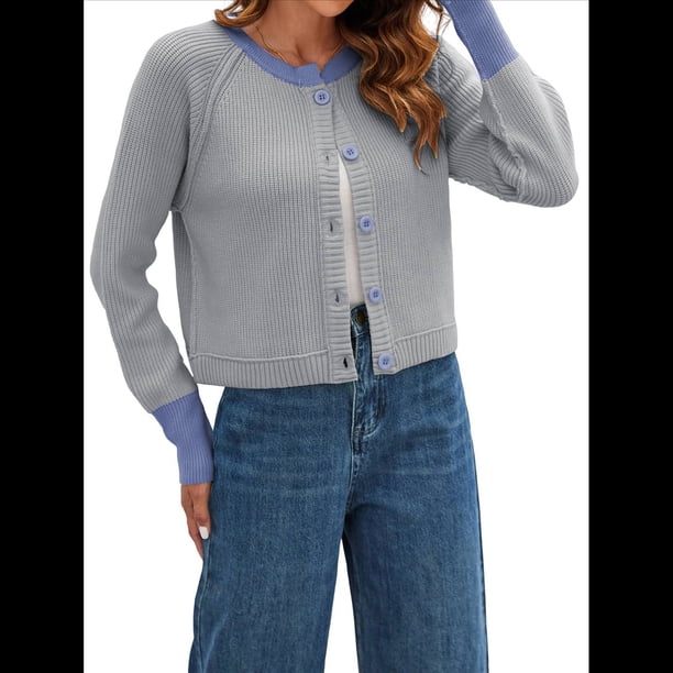 Suéteres Tipo Cárdigan Cortos para Mujer, de Otoño, de Larga, Abiertos Al Frente, con Botones y Bloques de Color, de Punto, Abrigos. Gris M