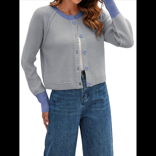 Suéteres Tipo Cárdigan Cortos para Mujer, de Otoño, de Larga, Abiertos Al Frente, con Botones y Bloques de Color, de Punto, Abrigos. Gris M