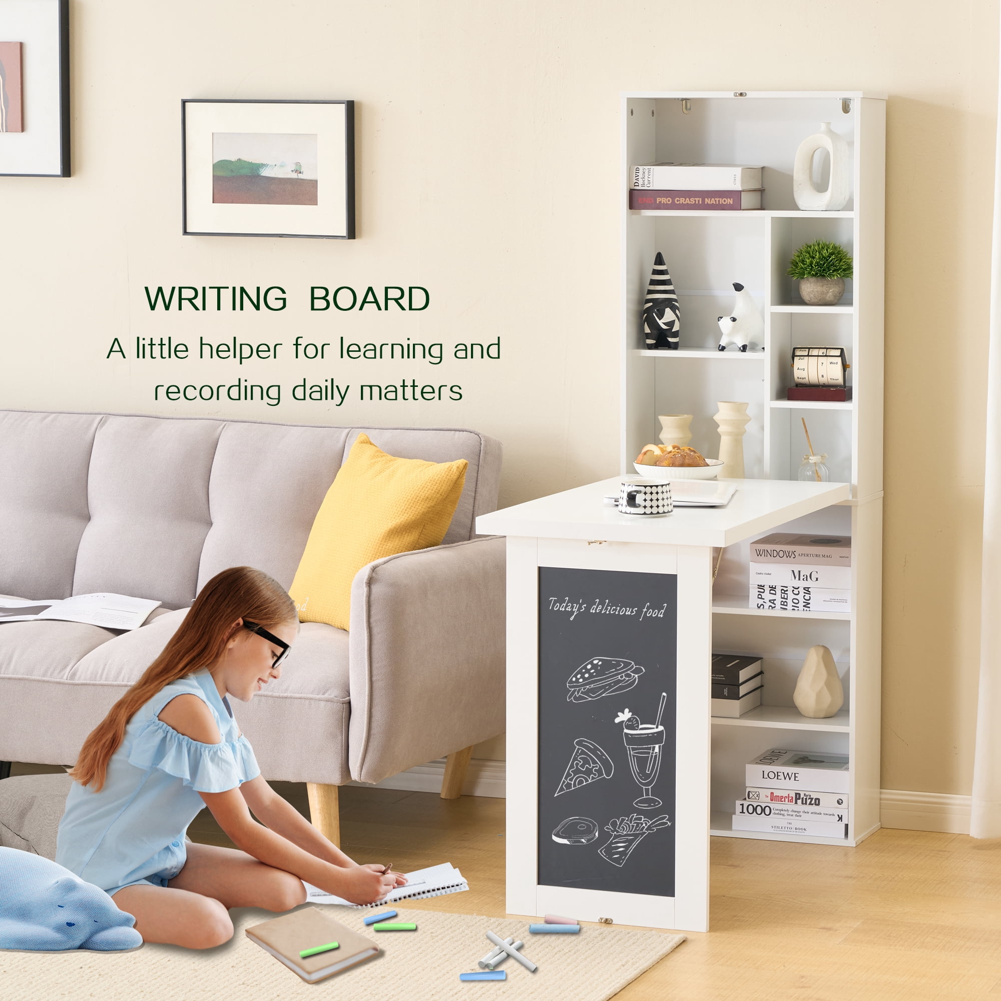 Fold-out Convertible Writing Desk Wall Mount Table Cabinet with Blackboard and Storage Shelves Space-Saving Murphy Desk for Home Office Living Room Bedroom