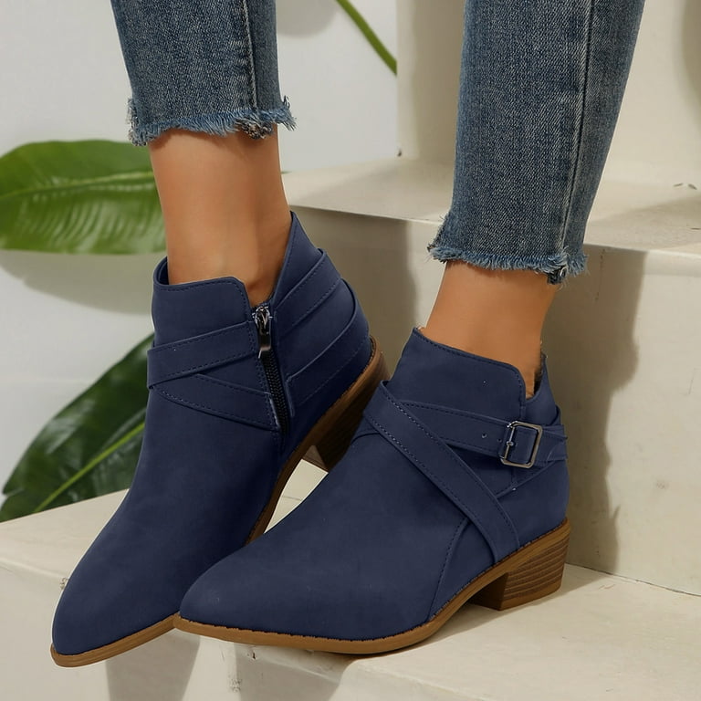 Rokment Dress Boots for Women 2025 Fashion Buckle Winter Fall Comfortable Pointed Toe Low Heel Dressy Ankle Booties, Women's, Size: 8.5, Blue