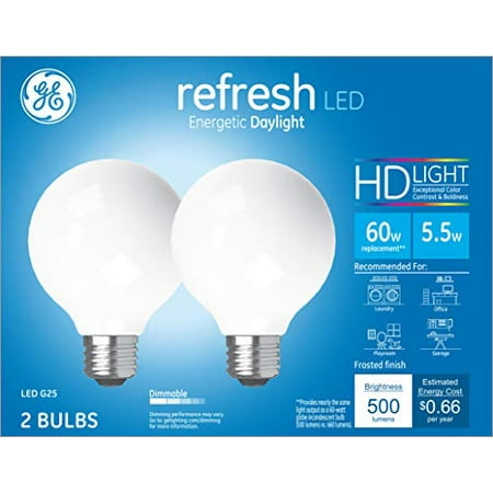 GE Lighting 31709 Frosted Finish Light Bulb Refresh HD Dimmable LED G25 Decorative Globe 5.5 (60-Watt Replacement), 500-Lumen Medium Base, 2-Pack Daylight,