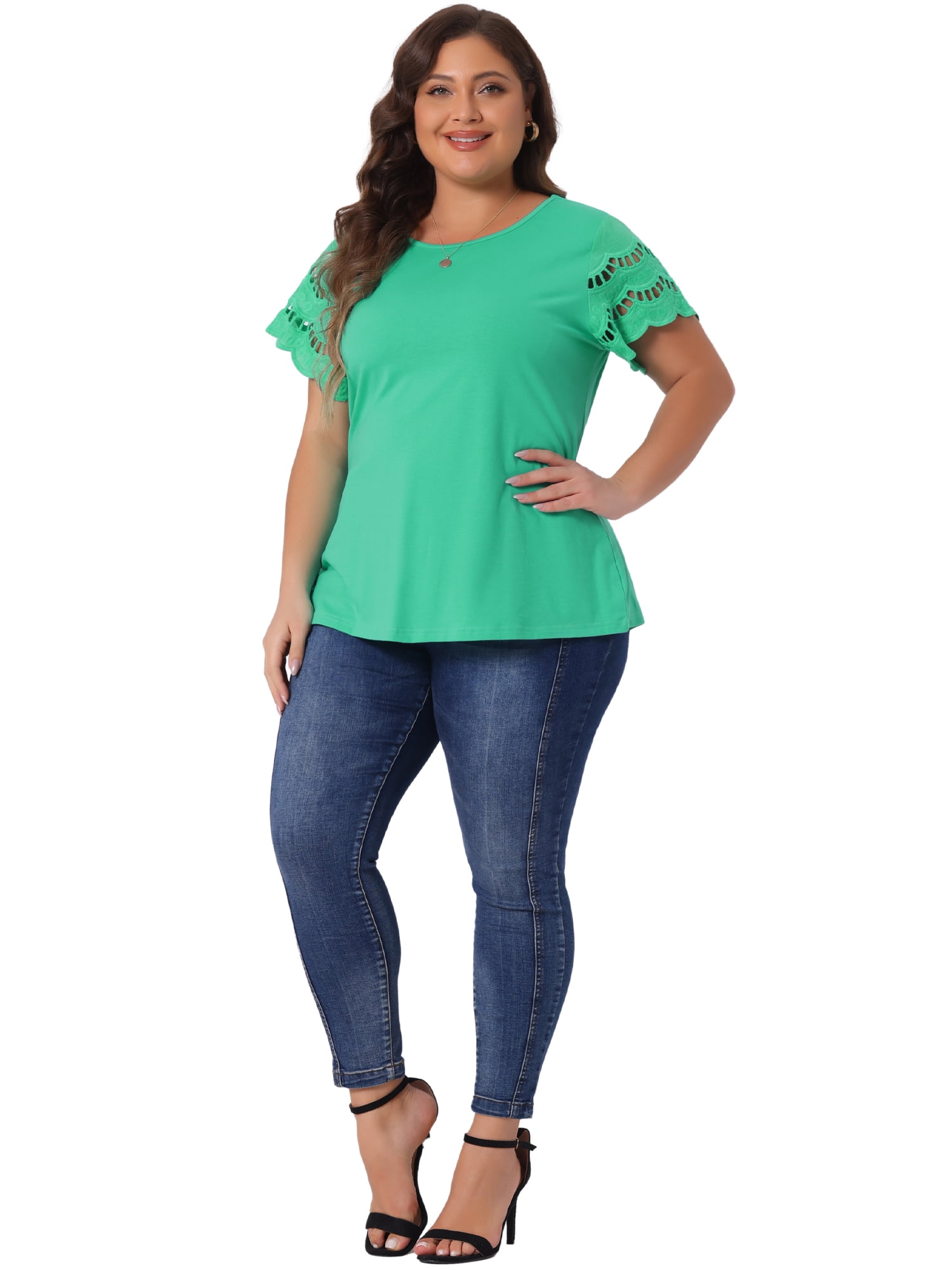 Unique Bargains Women's Plus Size Round Neck Lace Panel Blouses 4X Light Green