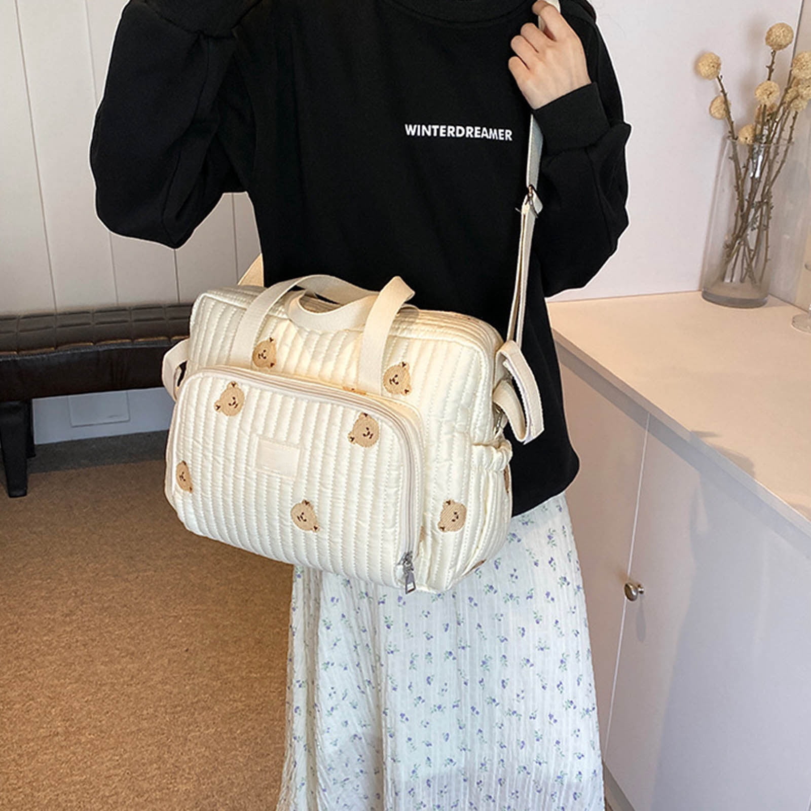 PALIFEUR Diaper Bag Tote Large Capacity Baby Bag Travel Diaper Tote Bag, Hospital Bag for Labor Delivery, Baby Bag with Pacifier Case for Mom Father Medium Size, White