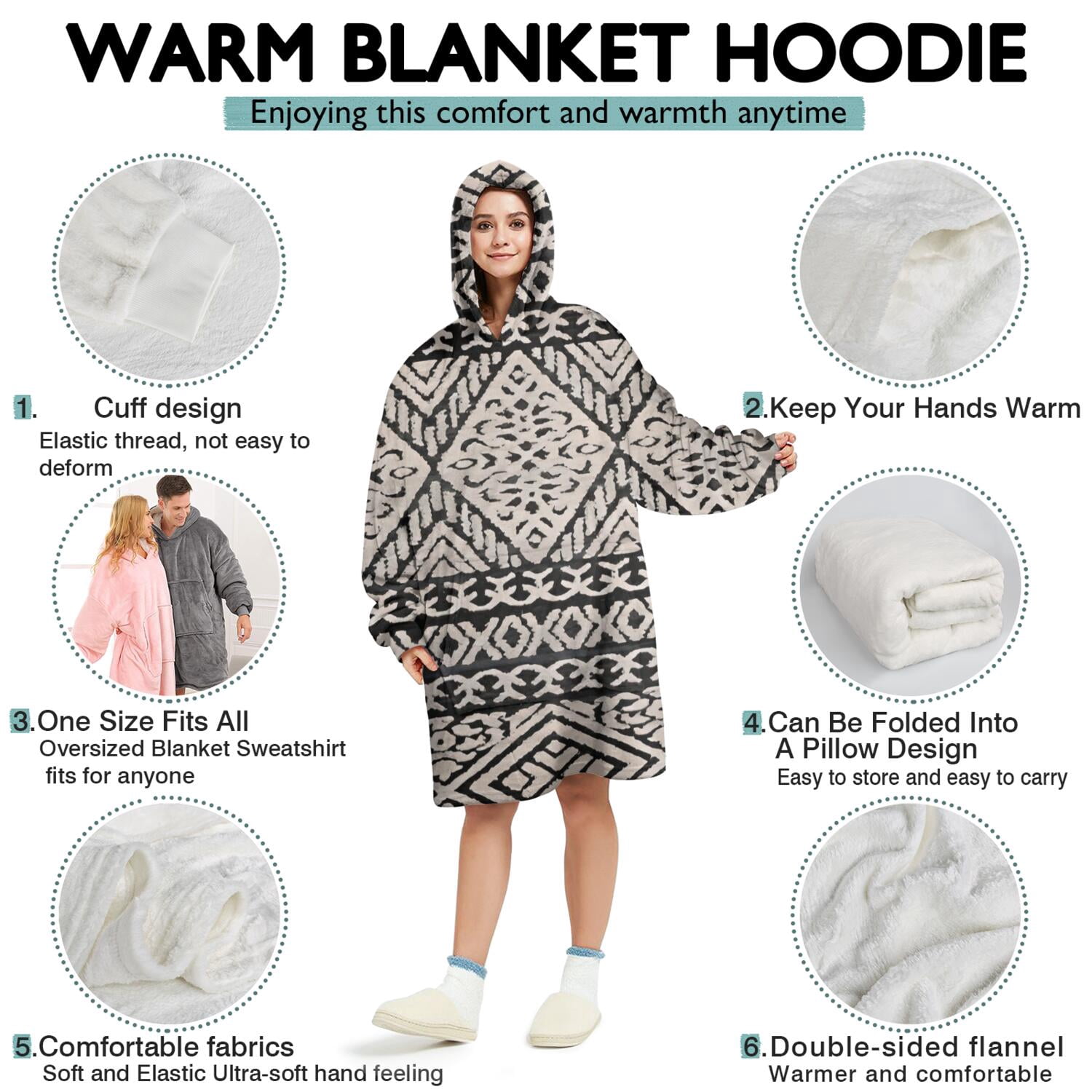 Wearable Oversized Blanket,Black Geometric Diamond Pattern Wearable Blanket Hoodie for Adults,Cozy Hooded Blankets with Super Pockets,Super Warm Fuzzy Pullover for Women & Men