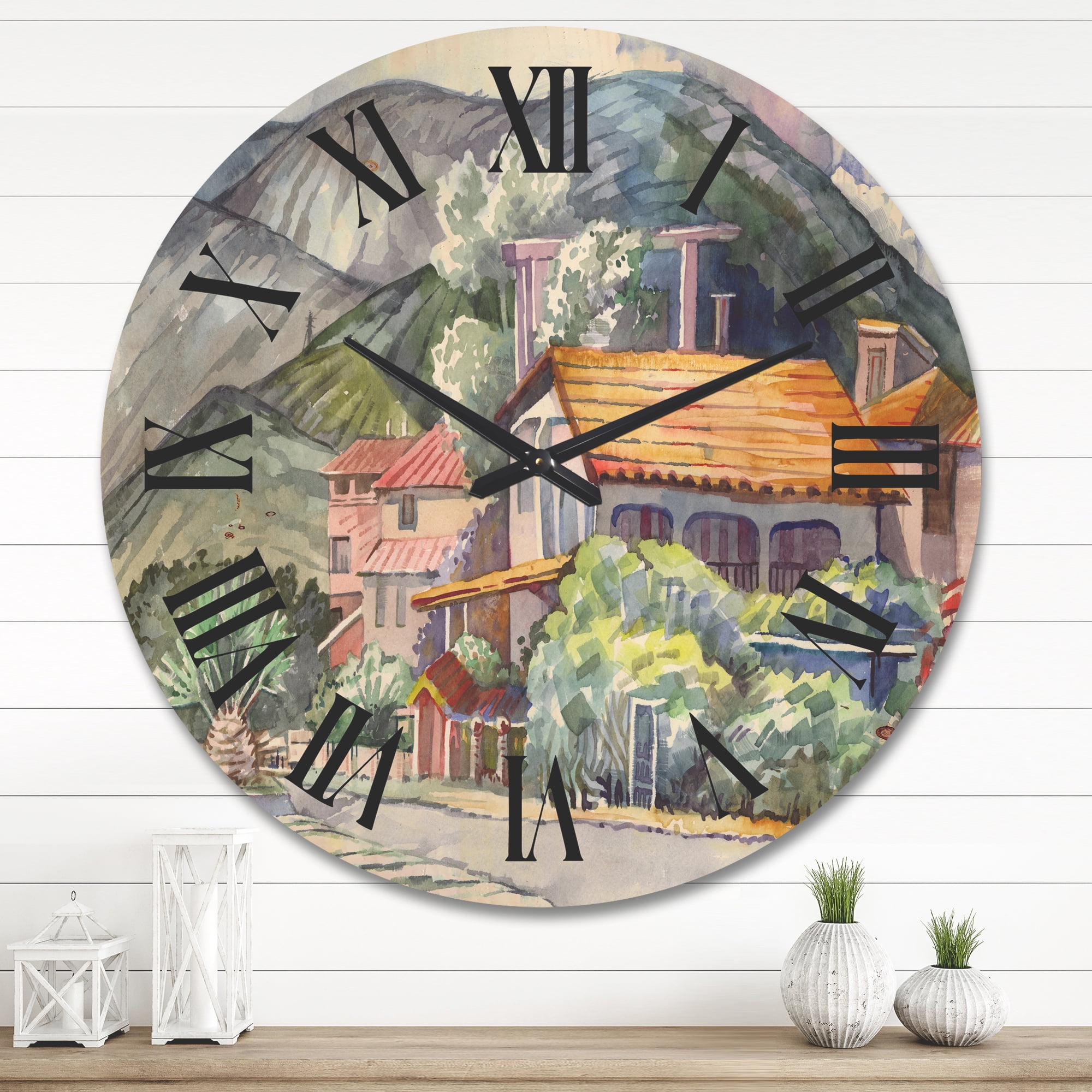 Designart 'Greek Mountains Landscape Off The Coast Of The Aegean Sea ' Traditional Wood Wall Clock