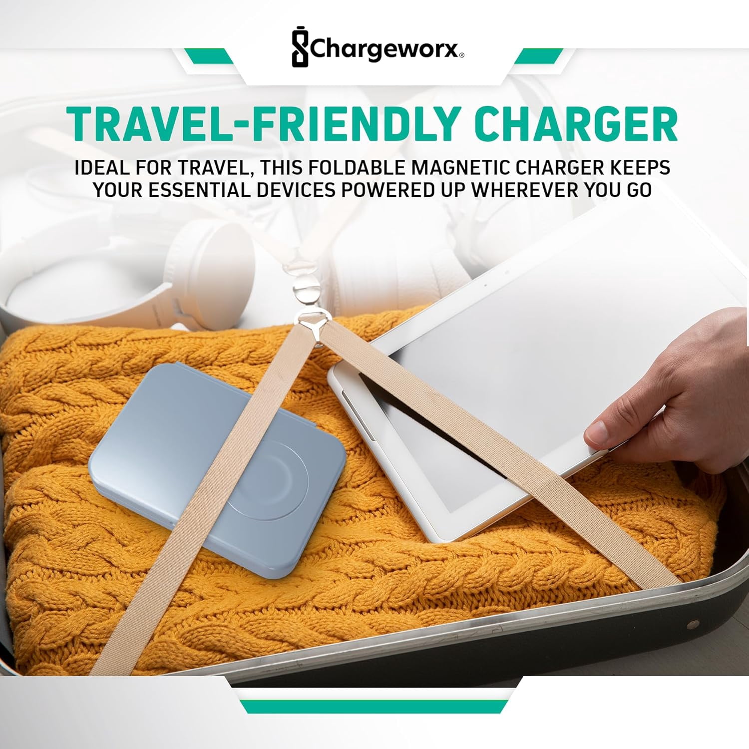 Chargeworx 3-in-1 Wireless Charger, Foldable Magnetic Charging Station, 15W, Blue