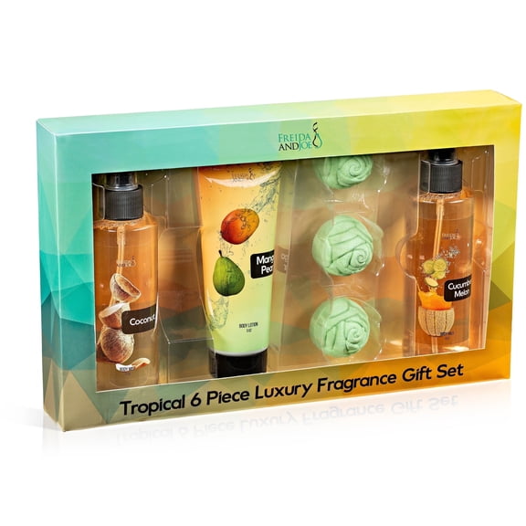 Tropical Body Mist & Lotion Gift Set for Men & Women – Coconut, Cucumber Melon & Mango Pear Scents with 3 Bath Bombs – 6-Piece Self Care Gift Basket Valentines Gift