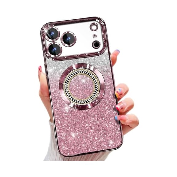 for iPhone 17 Pro Magnetic Glitter Case Compatible with MagSafe,Full Protection Slim Shockproof Anti-Scratch Case with Camera Lens Protector Plating Bling Dust-Proof Net Pink