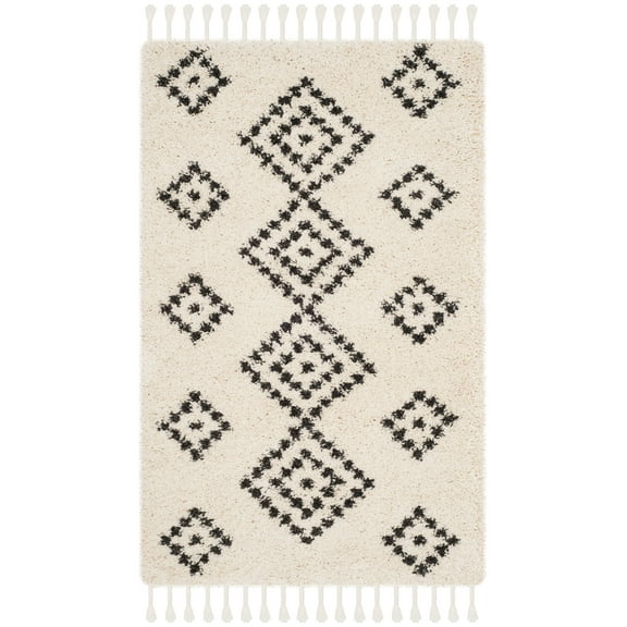 SAFAVIEH Moroccan Fringe Shag Serafim Geometric Area Rug, Cream/Charcoal, 3' x 5'