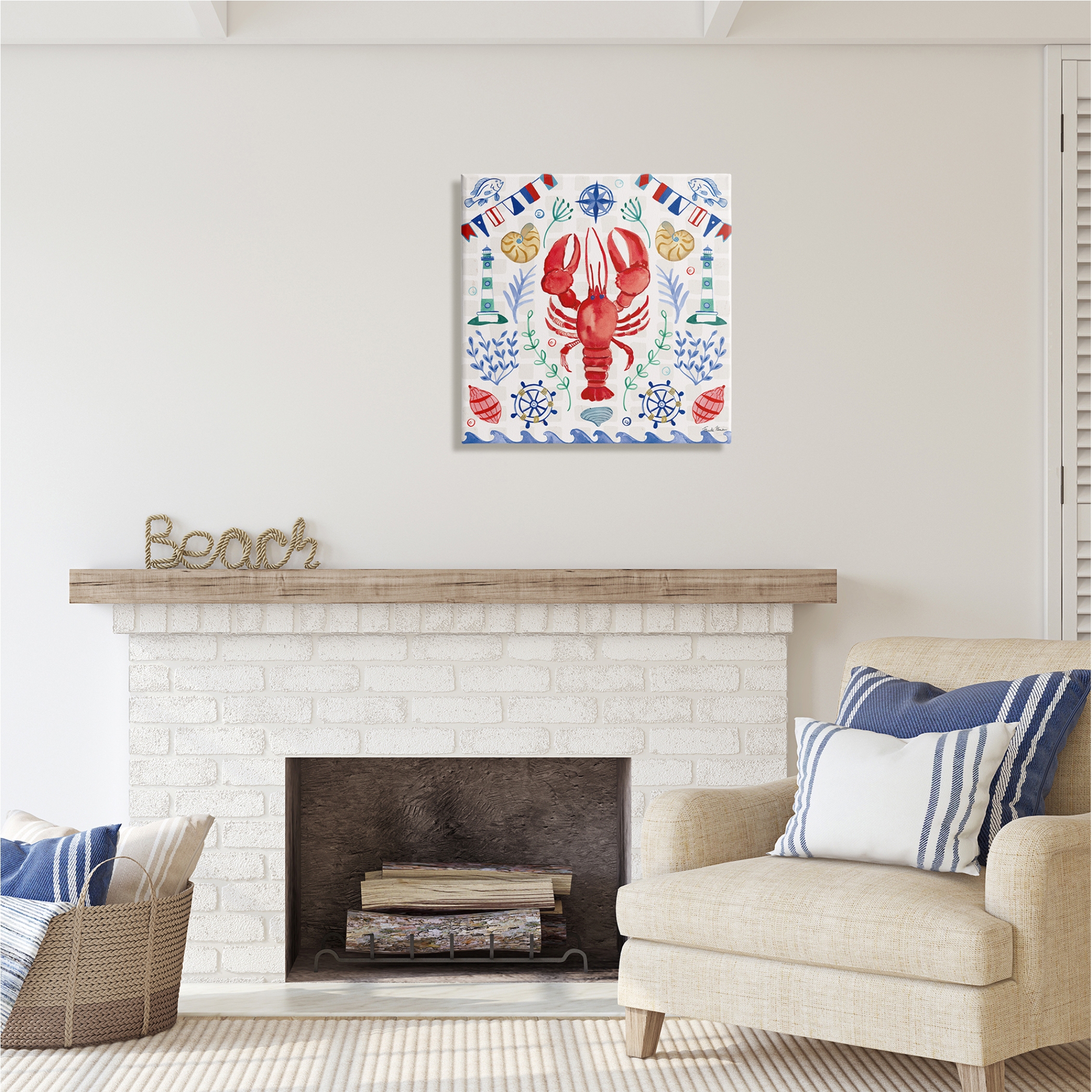Stupell Industries Lobster on Nautical Pattern Animals & Insects Painting Gallery Wrapped Canvas Print Wall Art, 24 x 24