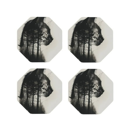 

Tideii Double Exposure Cat Forest for Leather Coasters 4 Pieces Anti-fouling and Anti-scalding Decorative Coasters Suitable for Restaurants Kitchens Coffee Shops-Octagon