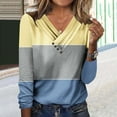 thumbnail image 2 of Busydd Womens Tops Fall Fashion Colorblock Patchwork Tee Tops Casual V Neck Long Sleeve Shirts for Women Pleated Loose Going Out Tops Comfy Versatile Button Up Blouses, 2 of 5