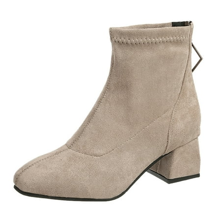 

ZIZOCWA Casual Fall Shoes For Women 2022 Thigh High Sock Boots For Women Wide Calf Fashion Women Flock Solid Color Winter Keep Warm Plush Thick Sole Square Heels Zipper Mid Booties Square Toe Shoes S