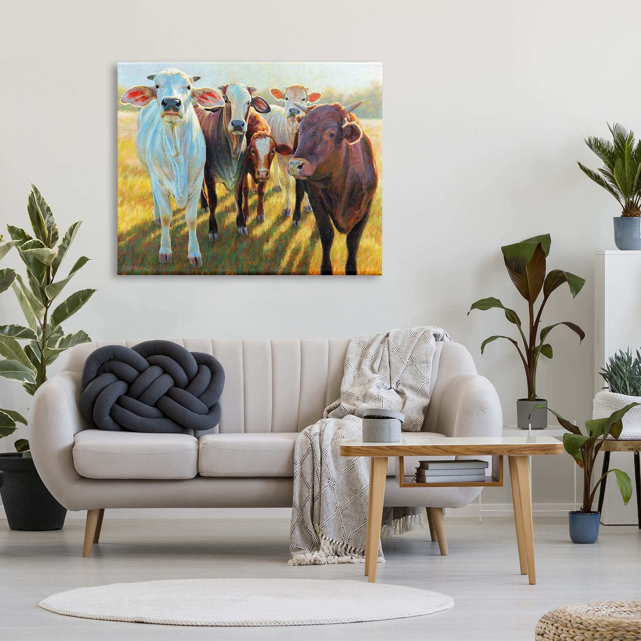 Various Cattle Sunny Farmland Field Animals & Insects Painting Gallery Wrapped Canvas Print Wall Art