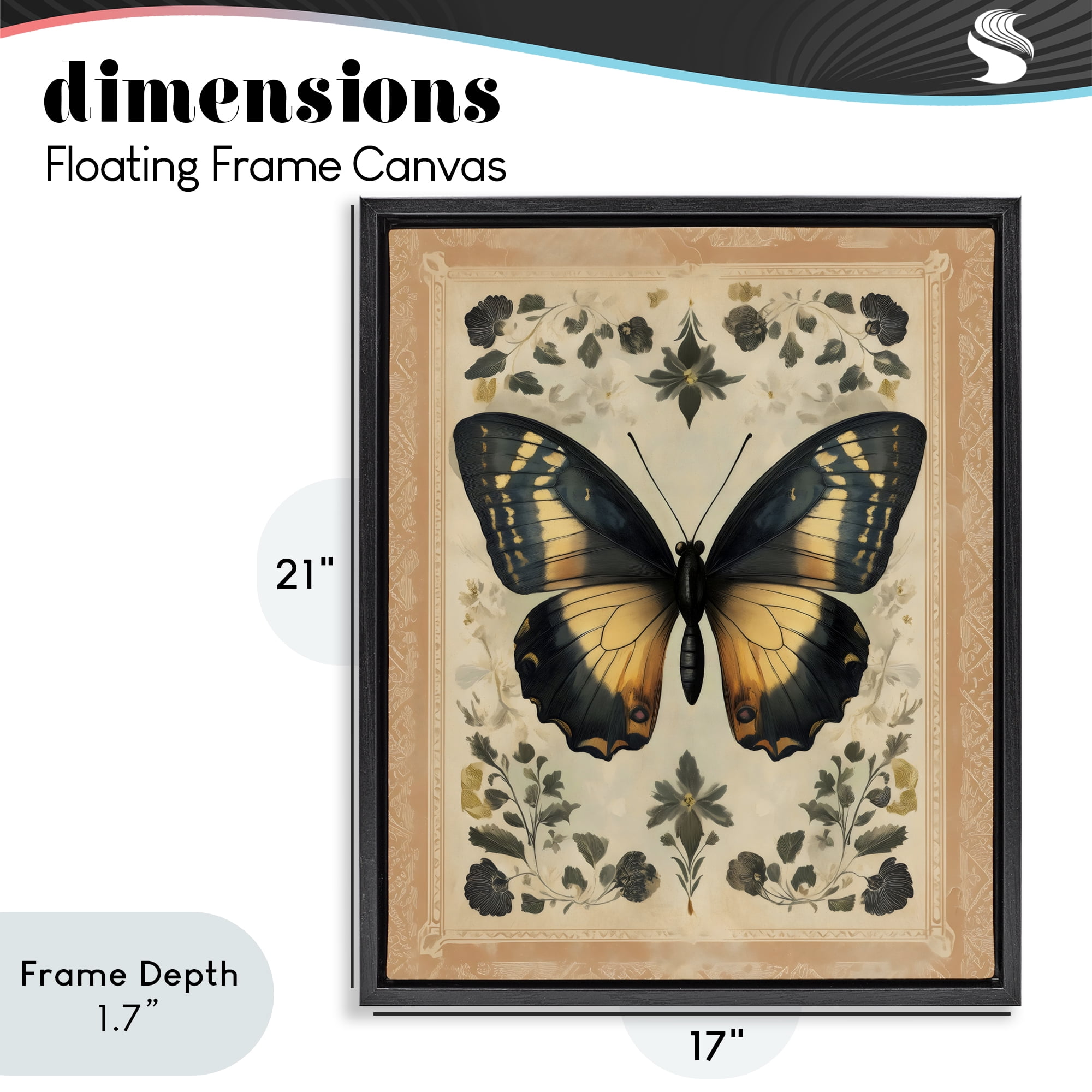 Stupell Industries Vintage Butterfly Botanical Illustration Black Framed Floater Canvas Wall Art, design by Arlington Prints