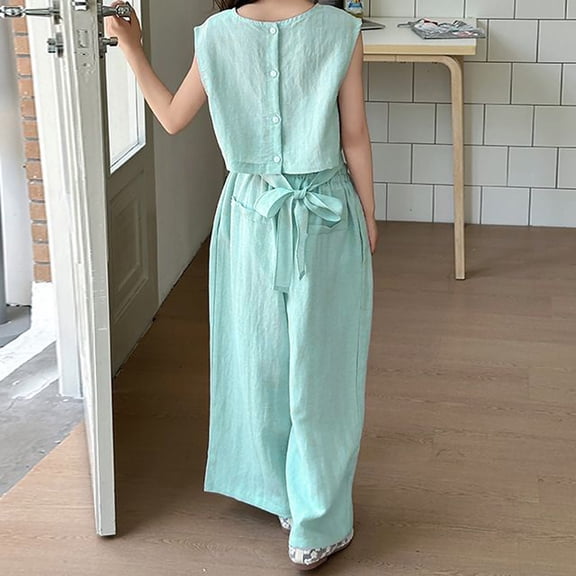 Shachafan Girls Summer Outfits Tie Back Crop Top Wide Leg Pants Two Piece Casual Tracksuit Kids Beach Baby Girl
