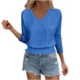 thumbnail image 3 of Feancey Eyelet Tops for Women 3/4 Sleeve V Neck Shirts Fashion Smocked Waist Crop Top Business Casual Work Blouse Trendy Going Out T-Shirt Blue XL, 3 of 10