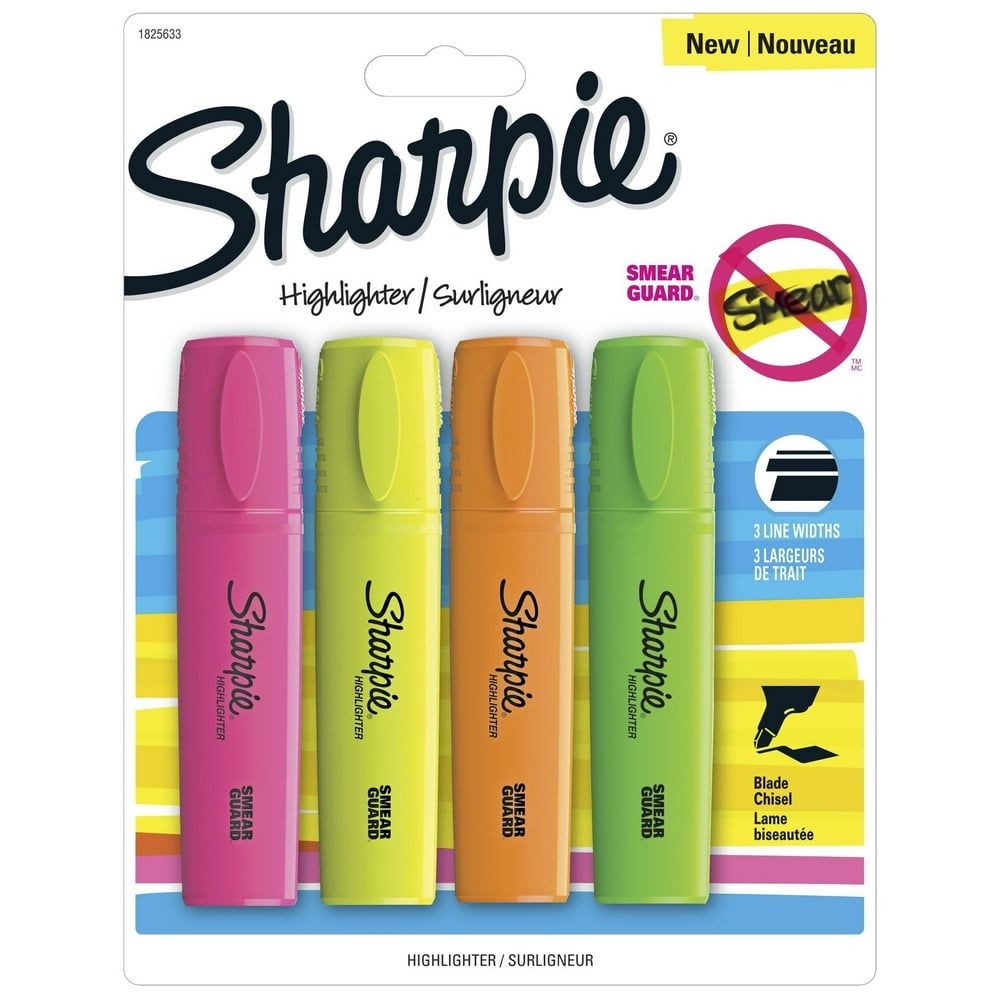Sharpie® Blade Highlighters, Chisel Tip, Assorted Colors, 4/pk (1825633