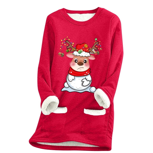 WEAIXIMIUNG Sweatshirts Courts pour Femmes Grande Taille Pull Thermique à Manches Longues Col Rond avec Poche