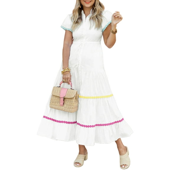 Women's White Colorblock Maxi Dress with Rickrack Trim