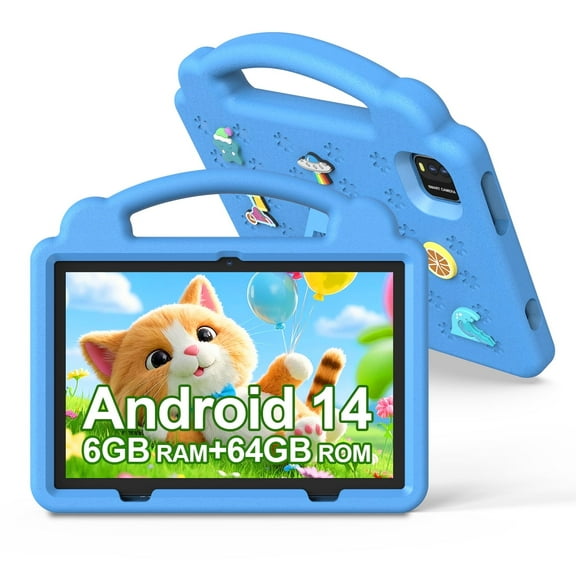 PUTECCH Kids 10 Tablet, Android 14 Tablet for Kids, Parental Control Pre-Installed Education Apps, 6GB RAM 64GB Storage, 6000mAh, WiFi 6, EVA Shockproof Case - Blue