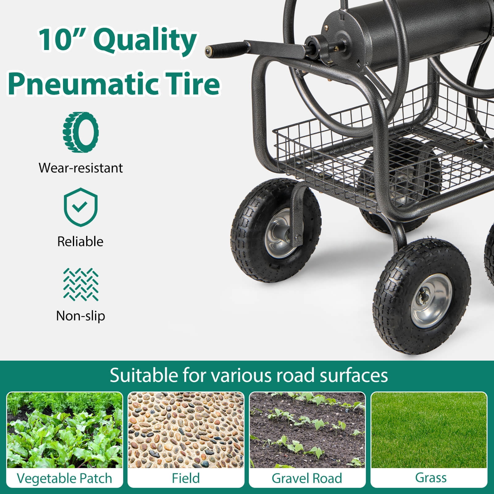 Costway Portable Hose Reel Cart with 300 ft of 5/8” Large Capacity Storage Basket for Lawn