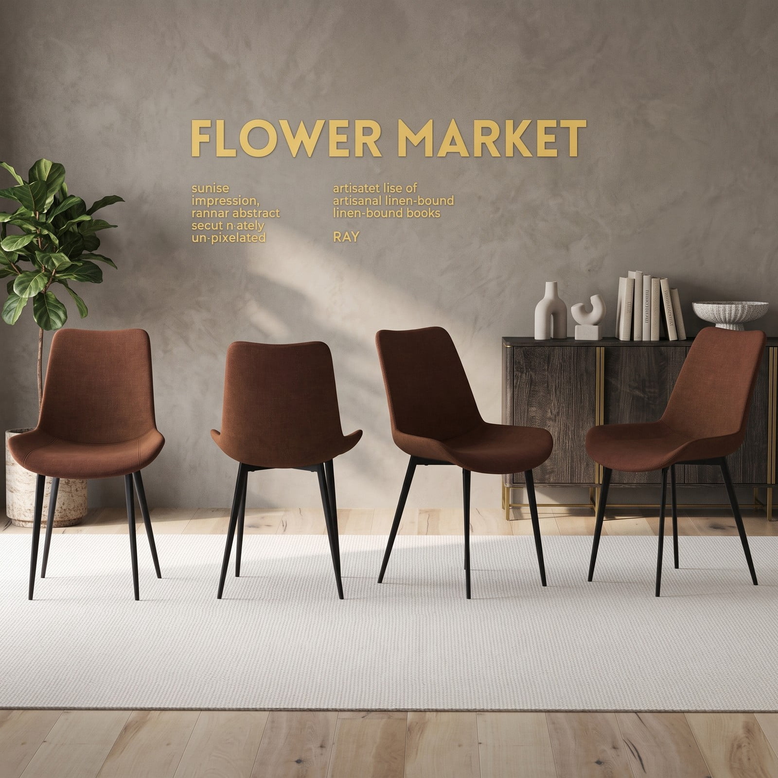 Furnibear Set of 4 Upholstered Dining Chairs with Metal Legs, Faux Linen Padded Back Kitchen Side Chairs, Ergonomic Armless Accent Chairs for Dining Room Living, Brown