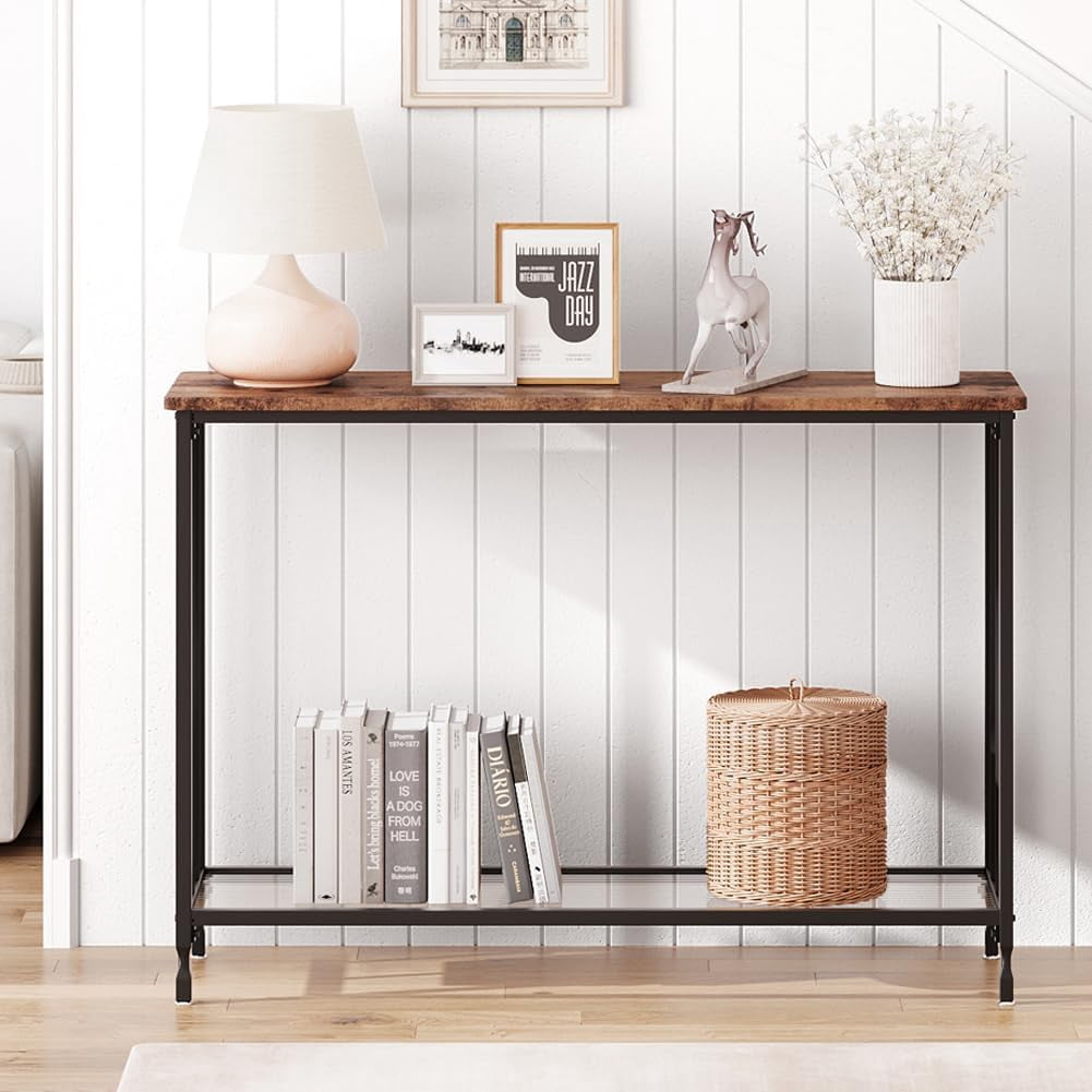 Console Table Small Entryway Table Narrow Sofa Table with Glass Storage Shelves, 2 Tier Accent Couch Table Hallway Side Table for Entry Way Living Bedroom Home Office Small Space, Brown