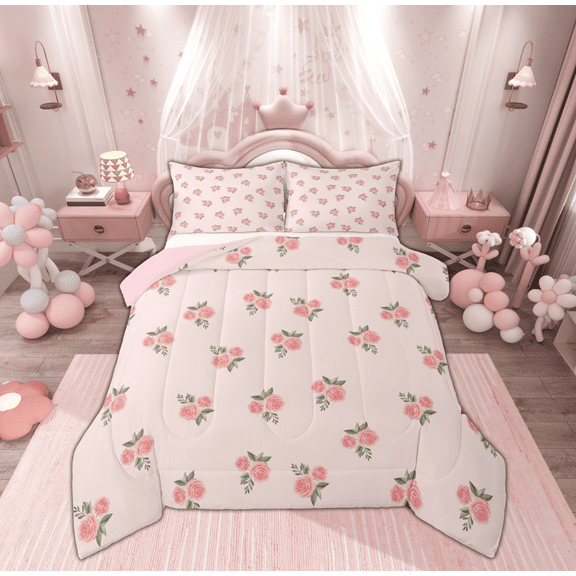 Feelyou Cartoon Romantic Rose Bedding Comforter Set, Pink Flower Floral Twin Comforter Sets, Happy Valentines Day Reversible Bedding Set, Ultra Soft Home Decor, 2-Piece