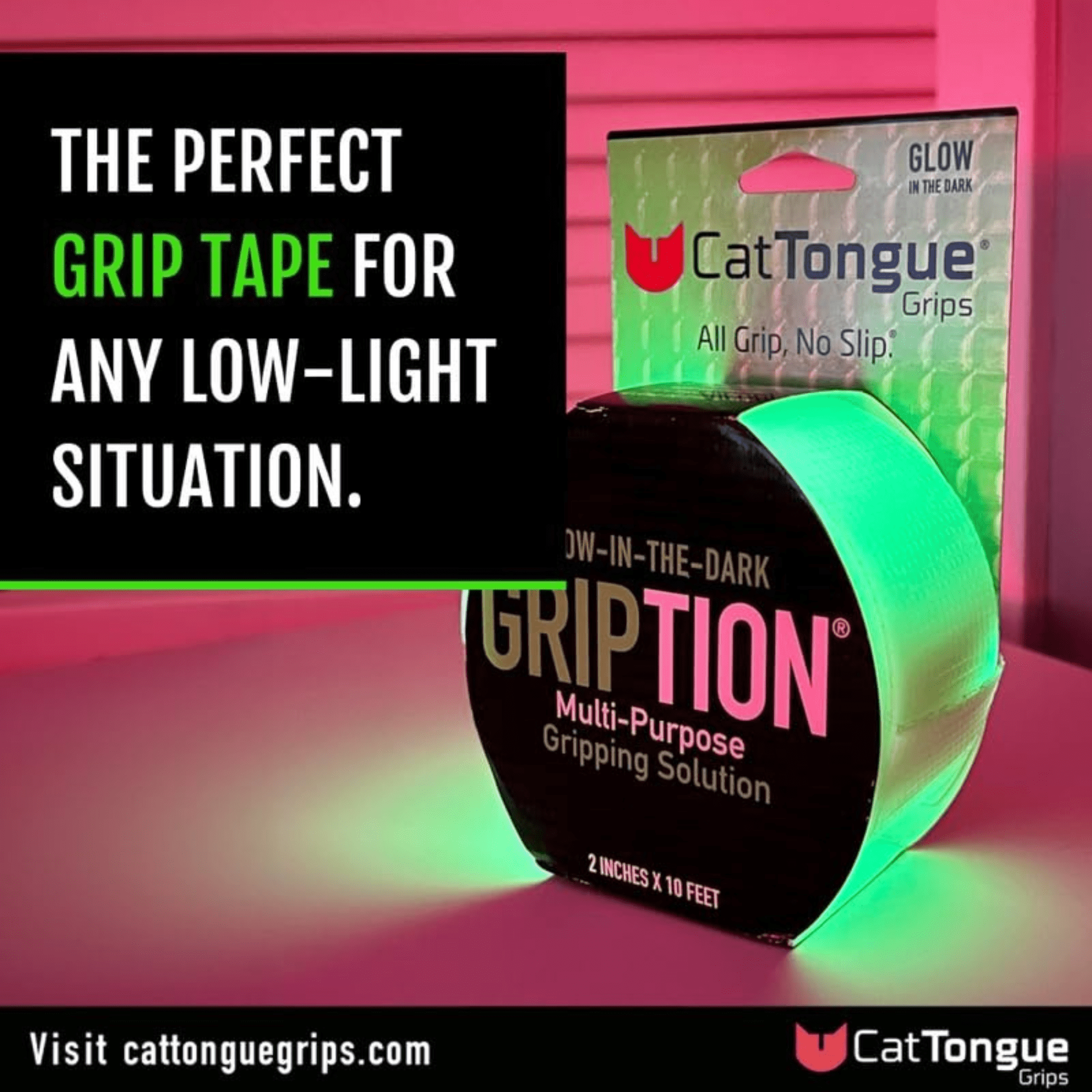 CatTongue Gription Non-Abrasive Grip Tape for Handles, Stairs, and More - Waterproof, Heavy-Duty Anti Slip Tape, 10ft, Glow In The Dark