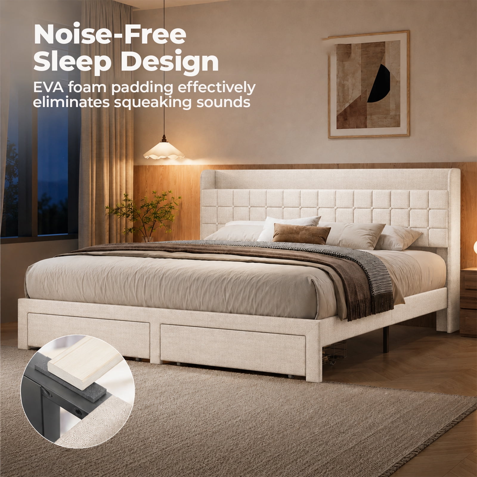 Alvantor Upholstered Bed Frame with 2 Storage Drawers and Fabric Headboard, Full Size, Heavy Duty Metal Platform, Easy Assembly