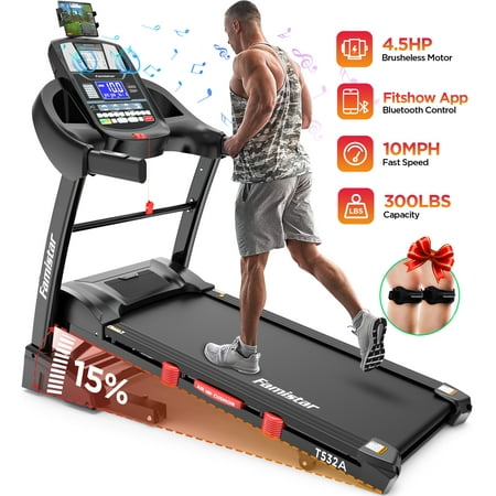 Famistar 4.5HP Folding Treadmill w/ APP control Portable Foldable, 15 Levels Auto Incline Treadmill for Home Office, 300lbs Capacity, Adjustable iPad Holder, Max 10MPH Speed, Knee Strap Gift