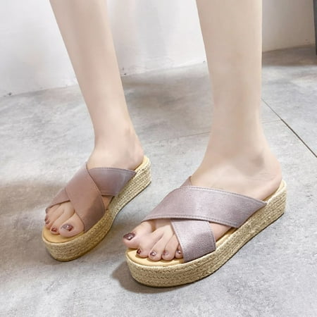 

〖Yilirongyumm〗 Grey 37 Slippers For Women Wear Wedge Flat Slippers Color Shoes Woven Solid Women s Straw Heel Women s Slipper