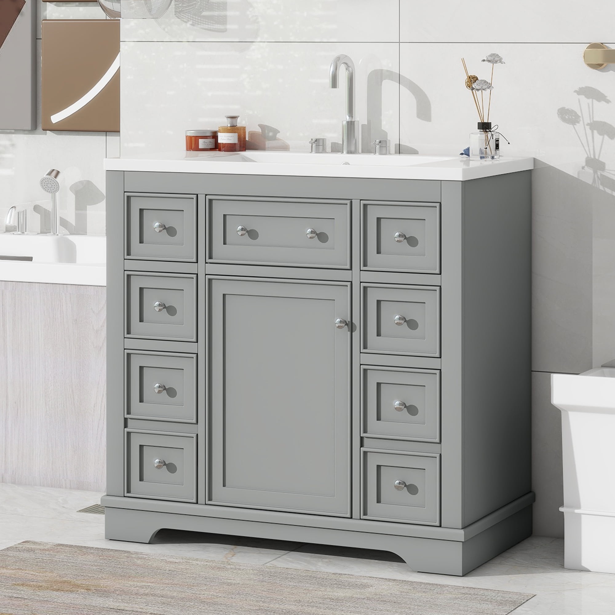 Harper & Bright Designs 36" Bathroom Vanity with Sink Combo, Bathroom Cabinet with Ceramic Top and 6 Storage Drawers, Grey