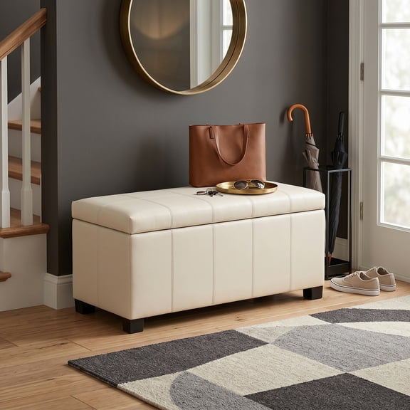 Simpli Home Dover Faux Leather Storage Bench in Cream