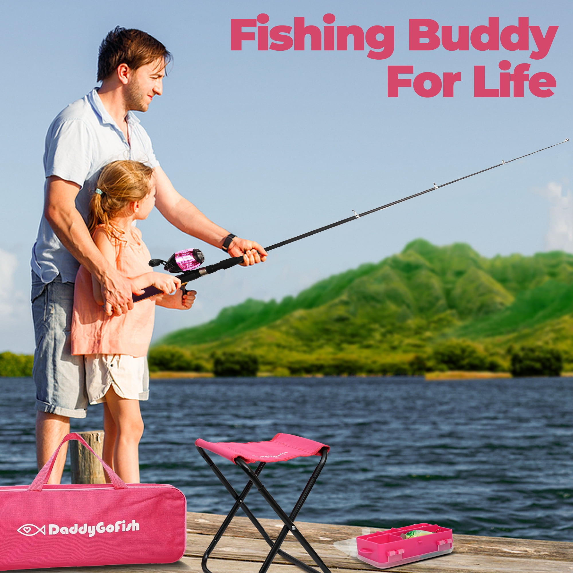 DaddyGoFish Pre-Spooled 4ft Fishing Rod, 2-Piece Rod (Kid)