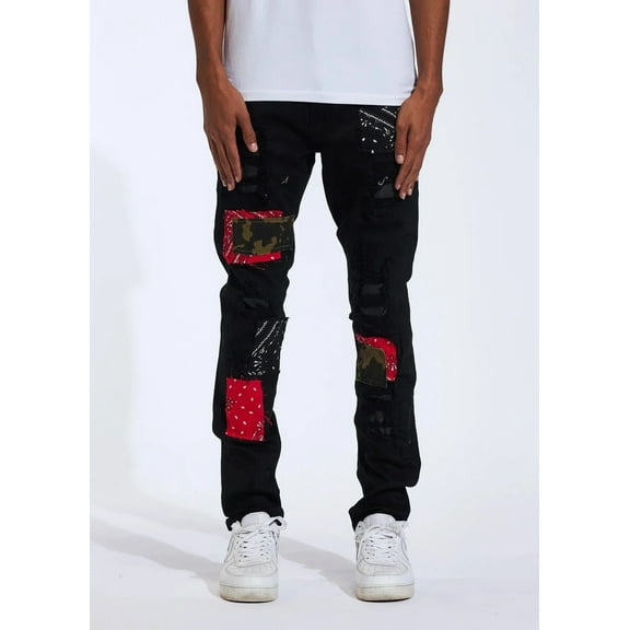 Crysp Denim Men's Harvey Patch Panel Stitching Distressed Rips Skinny Fit Jeans (30, Black)