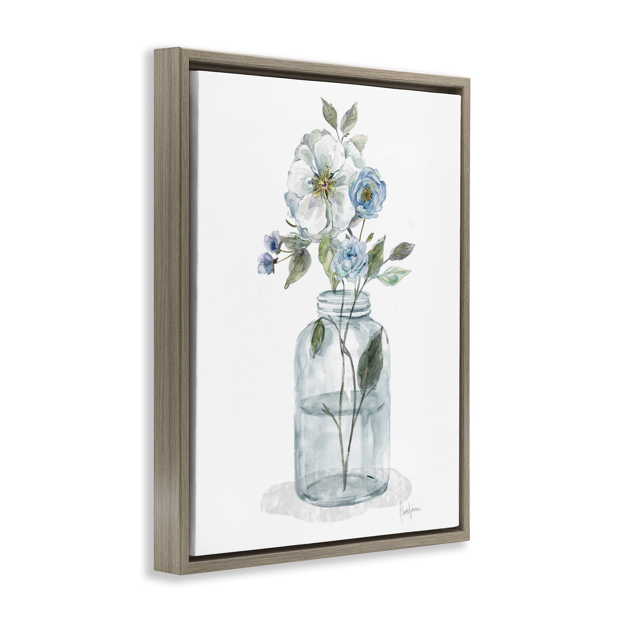 Stupell Industries Soft Blue & White Flowers Botanical & Floral Painting Brown Floater Framed Art Print Wall Art, 17 x 21