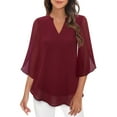 thumbnail image 3 of Women's V Neck Blouse Ruffle Detail 3/4 Sleeve Chiffon Casual Tunic Top, 3 of 5
