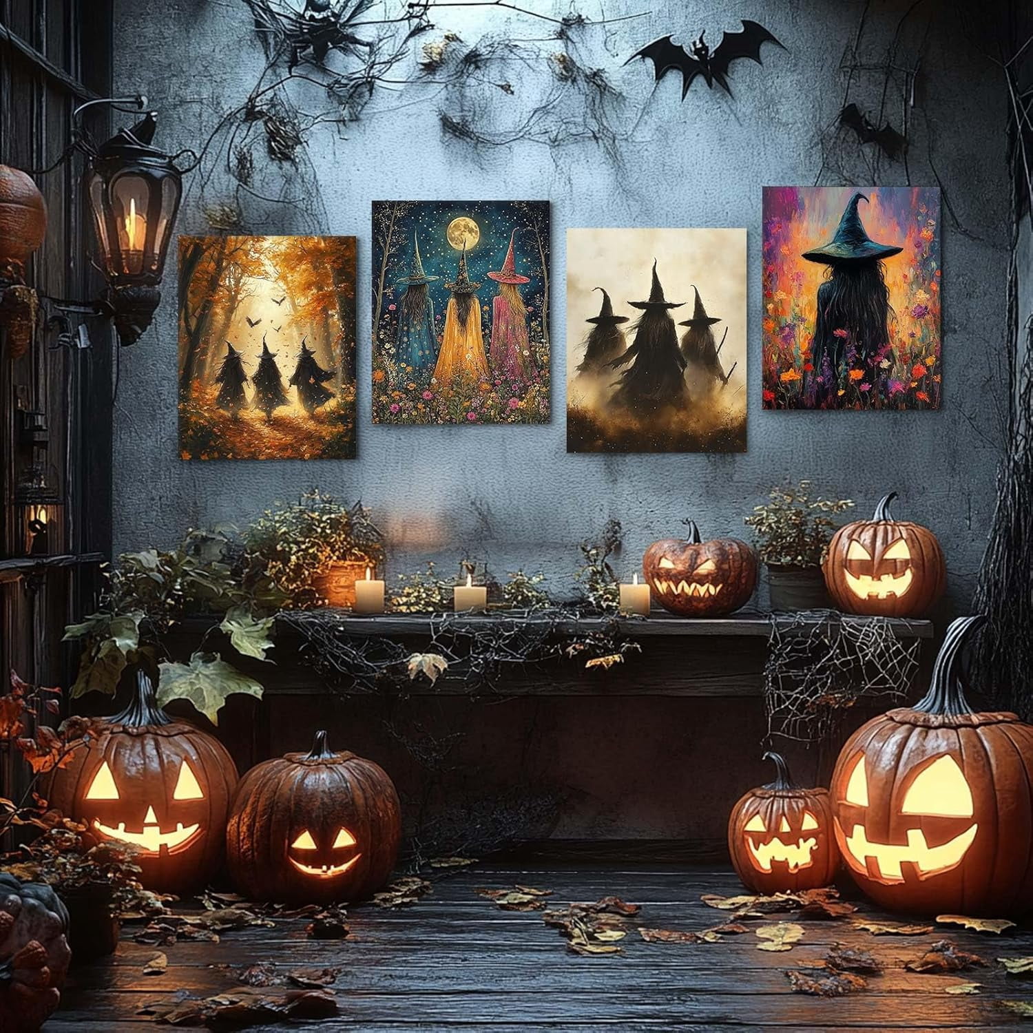ART Halloween Wall Vintage Three Witches in The Forest Witchy Canvas Painting Print Wall Gothic Decor Witch Poster Witchy Room Aesthetic and Halloween Room Decor