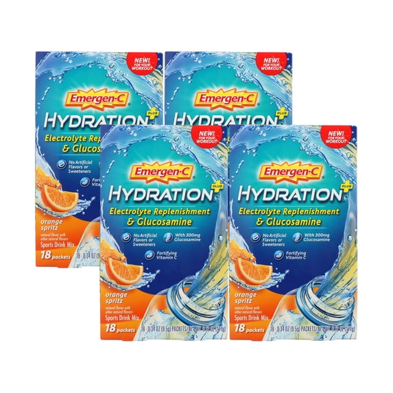 Emergen-C Hydration+ Sports Drink 18 Count, Orange Spritz Flavor 0.34 oz ( 4 Pack )