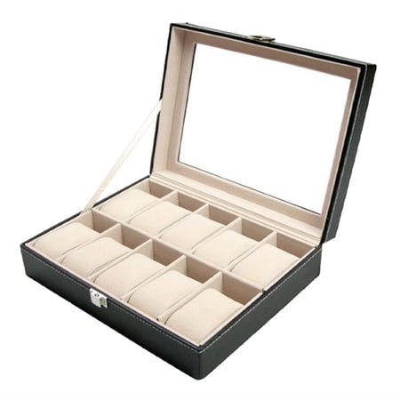 10 Slot Leather Watch Box Glass Top Watch Jewelry Display Case Organizer Business Watch Storage Organizer with Removable Cushion
