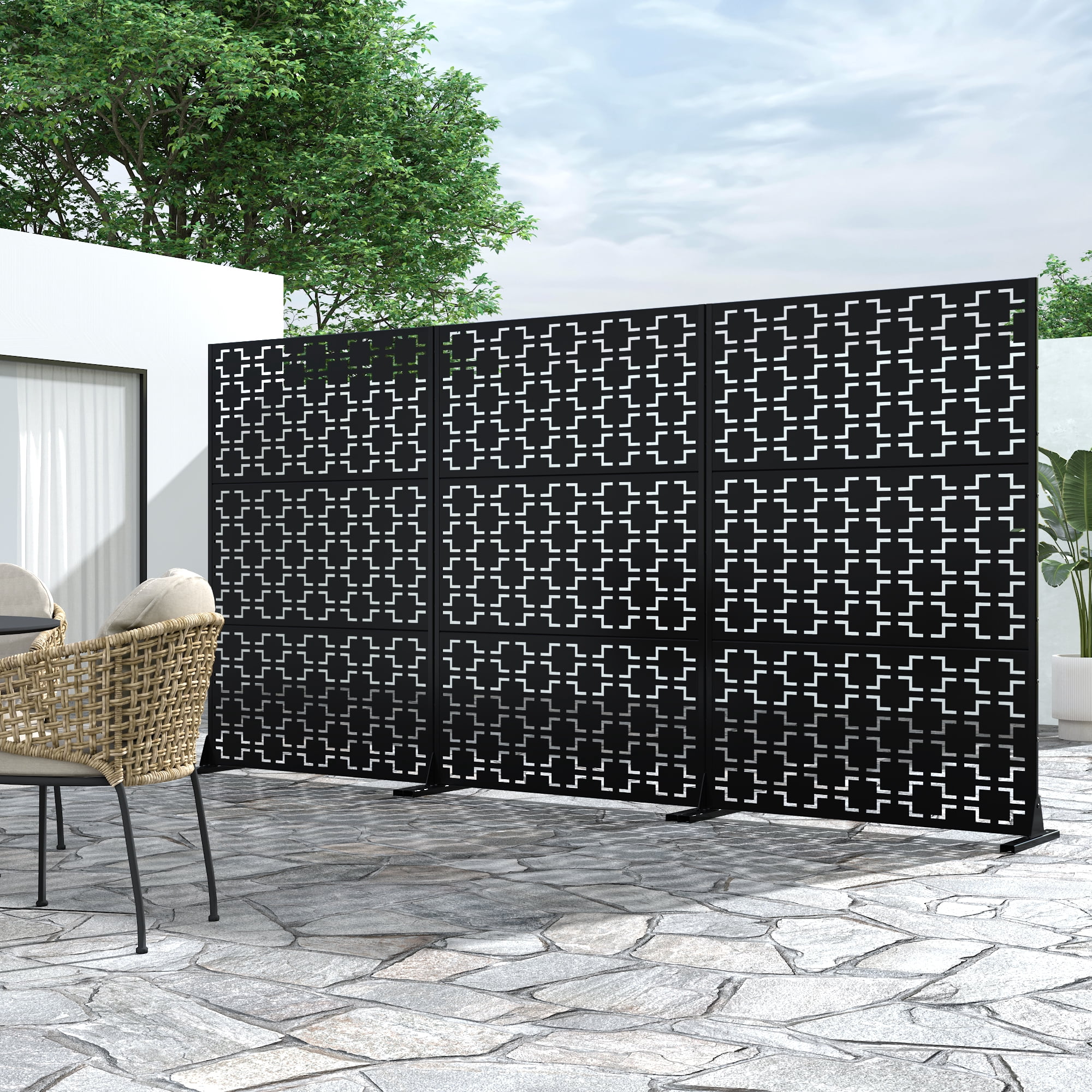 MAYEERTY 72*47" Outdoor Black Metal Freestanding Privacy Panel Screen for Patio, Meander Geometric Pattern