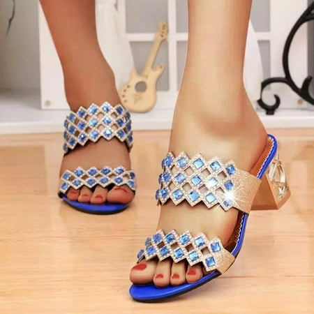 

YkohkofeWomen Sandals Sequin Beads Slippers Sandals Thick Heel One Foot Open Toe Fish Mouth Sandals Casual Fashion Sandals