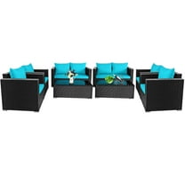 Gymax 8PCS Rattan Patio Conversation Set Outdoor Furniture Set w/ Turquoise Cushions