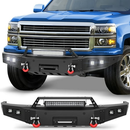 POFENZE 2014-2015 Chevy Silverado 1500 Front Bumper Offroad Bumper w/Winch Plate, Lights, D-rings, License Plate Bracket