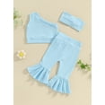 thumbnail image 3 of Toddler Girls Summer Outfits, One Shoulder Ribbed Tops + Elastic Waist Flare Pants + 3D Bow Headband Set, 3 of 8