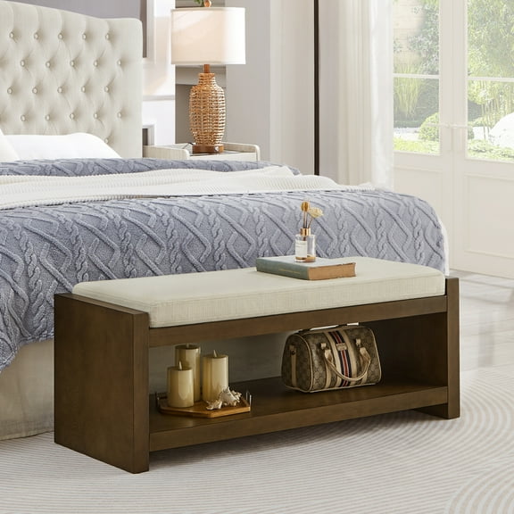 47" Accent Bench with Lower Shelf Storage, Padded Seating for Living Room & Bedroom, Modern Compact Design, Removable Cushion Style-Driven Space-Saving Furniture